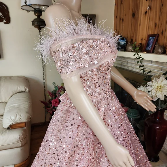 Dreamy Pink Heart-Sequined & Pearl Ball Gown Feathered & Corseted